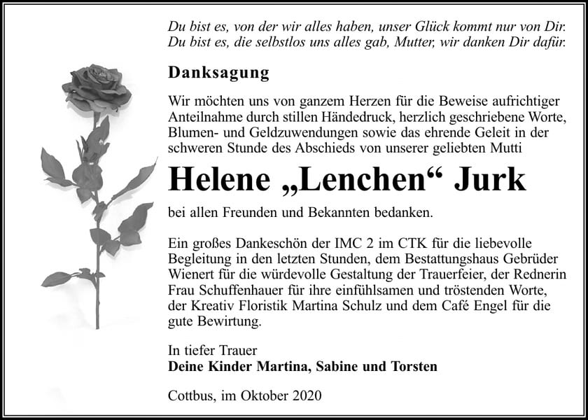 Danksagung Helene „Lenchen“ Jurk