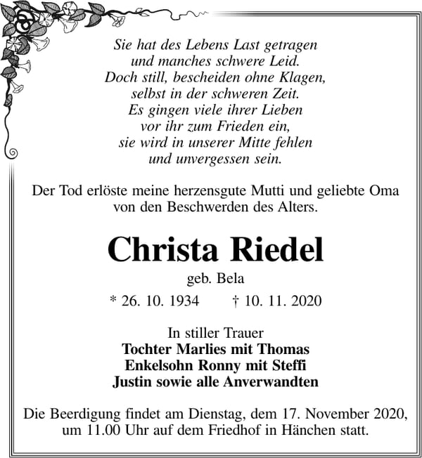 Traueranzeige Christa Riedel, geb. Bela