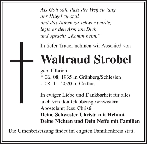 Traueranzeige Waltraud Strobel, geb. Ulbrich