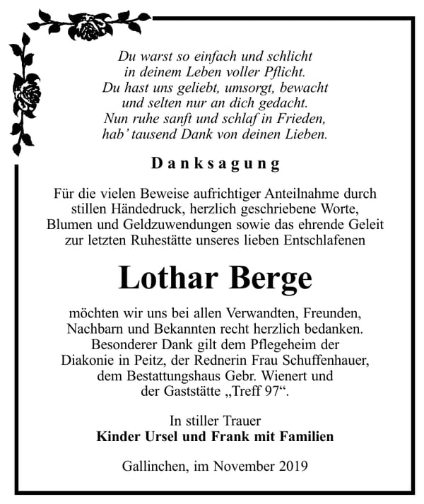Danksagung Lothar Berge