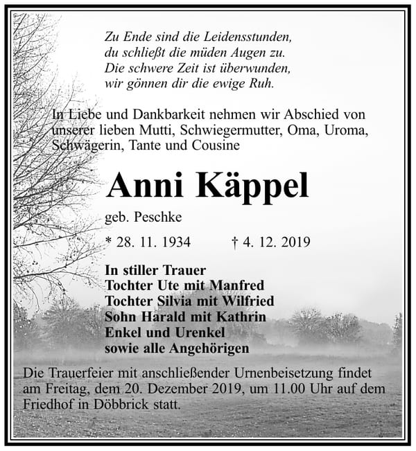 Traueranzeige Anni Käppel, geb. Peschke