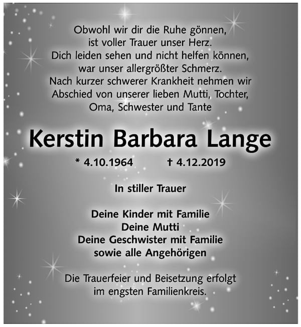 Traueranzeige Kerstin Barbara Lange