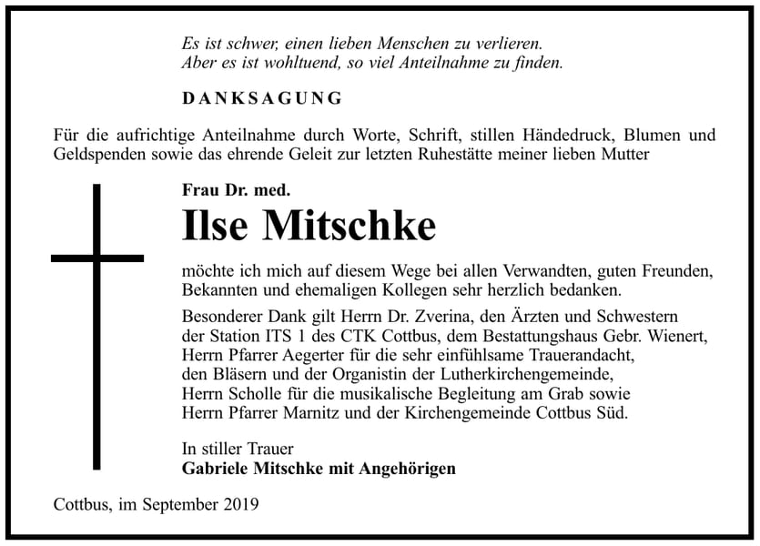 Traueranzeige Ilse Mitschke