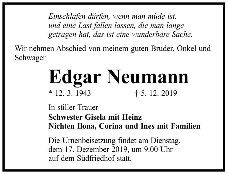 Traueranzeige Edgar Neumann