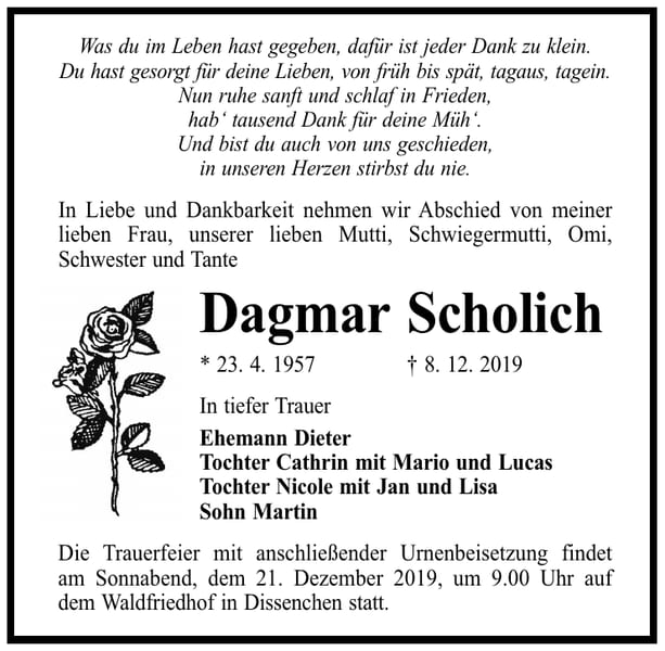 Traueranzeige Dagmar Scholich