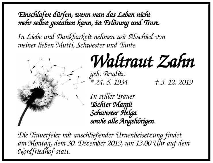 Traueranzeige Waltraut Zahn, geb. Bruditz