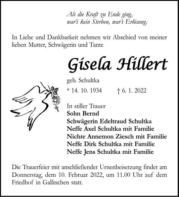 Traueranzeige Gisela Hillert, geb. Schultka