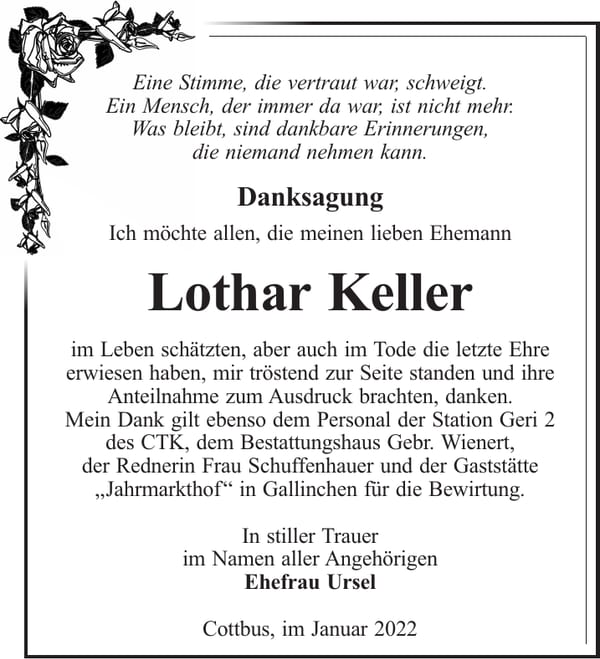 Danksagung Lothar Keller