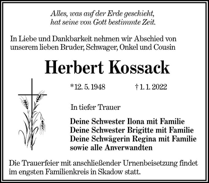 Traueranzeige Herbert Kossack