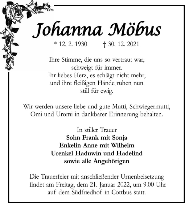 Traueranzeige Johanna Möbus