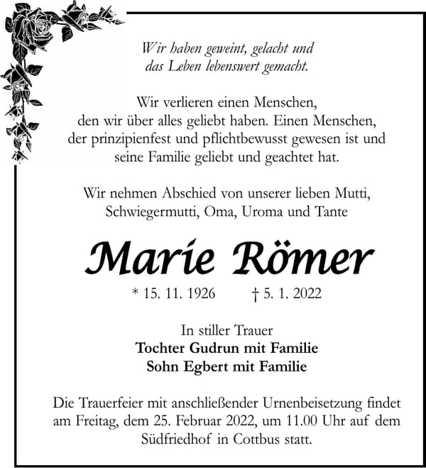 Traueranzeige Marie Römer