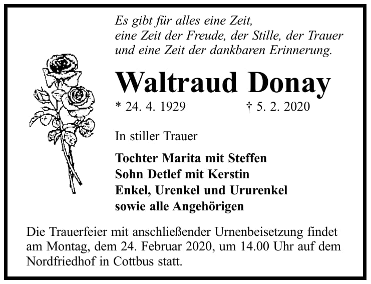 Traueranzeige Waltraud Donay