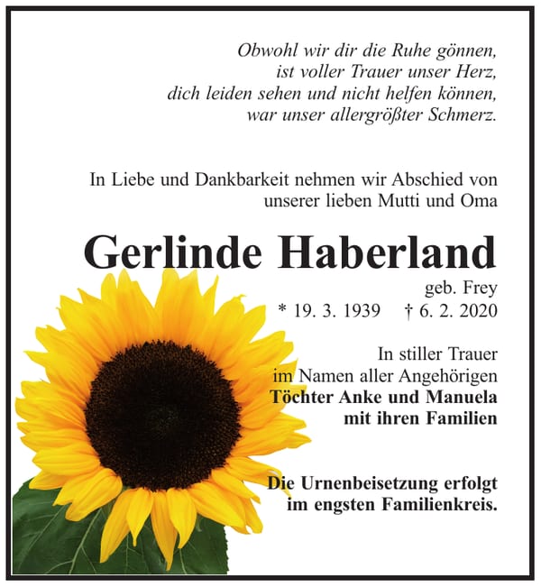 Traueranzeige Gerlinde Haberland, geb. Frey