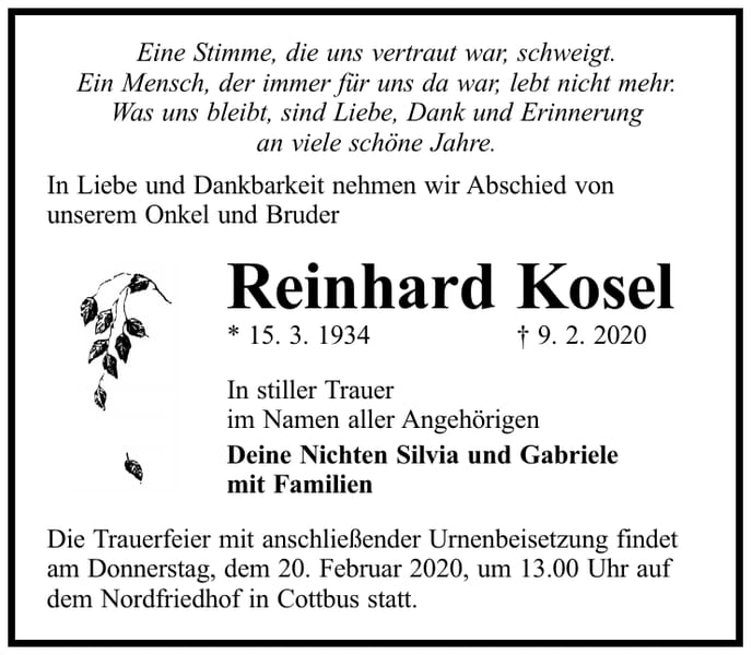 Traueranzeige Reinhard Kosel