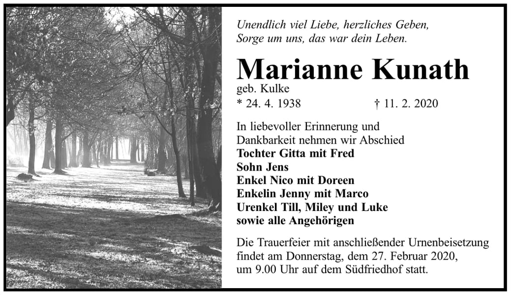 Traueranzeige Marianne Kunath, geb. Kulke
