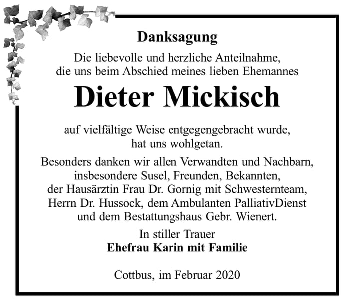 Danksagung Dieter Mickisch