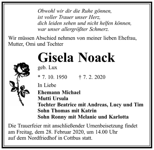 Traueranzeige Gisela Noack, geb. Lux