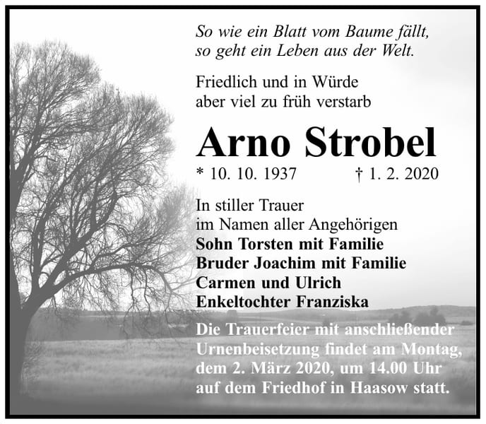 Traueranzeige Arno Strobel