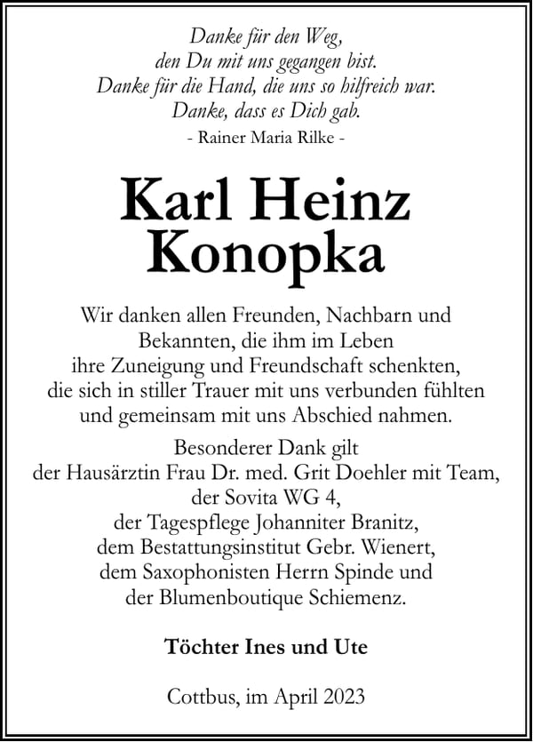 Danksagung Karl Heinz Konopka