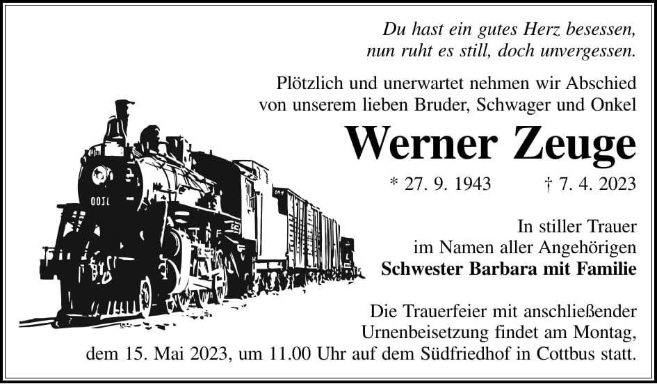 Traueranzeige Werner Zeuge