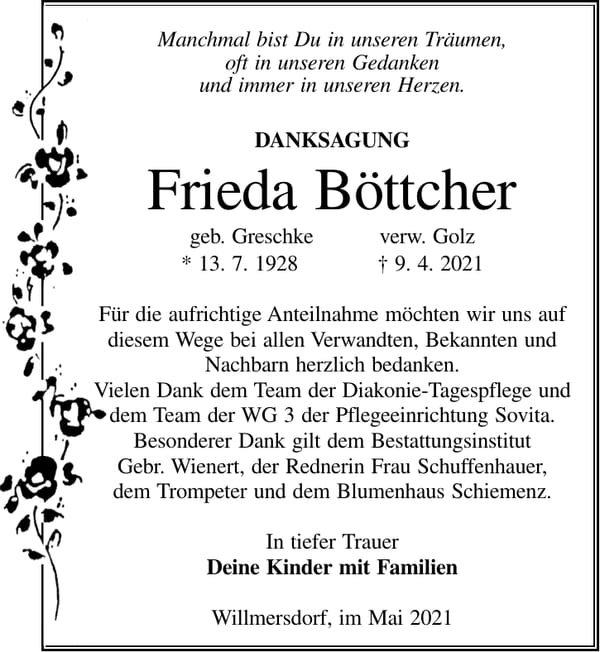 Danksagung Frieda Böttcher, geb. Greschke