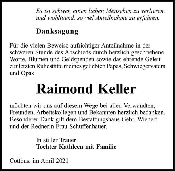 Danksagung Raimond Keller