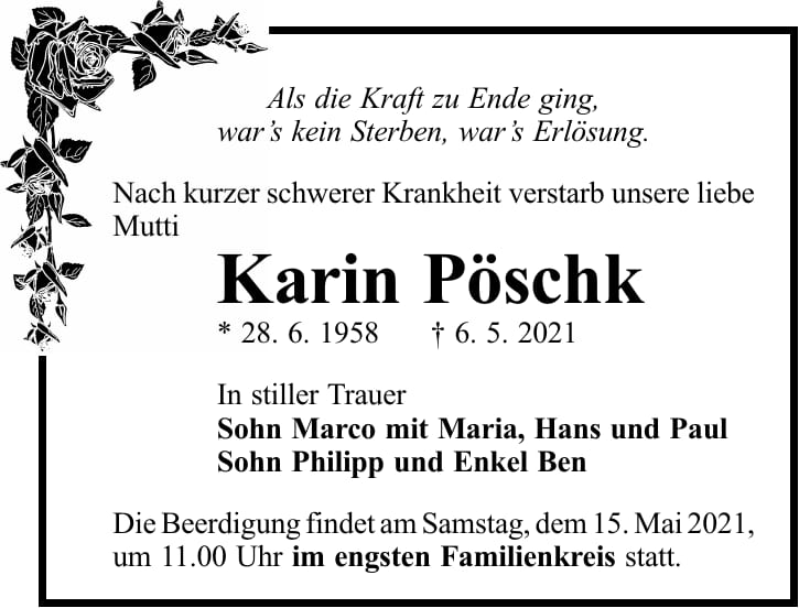 Traueranzeige Karin Pöschk