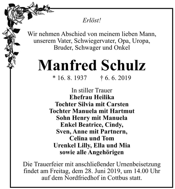 Traueranzeige Manfred Schulz