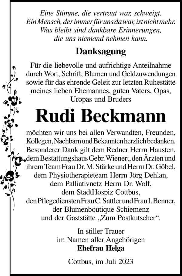 Danksagung Rudi Beckmann