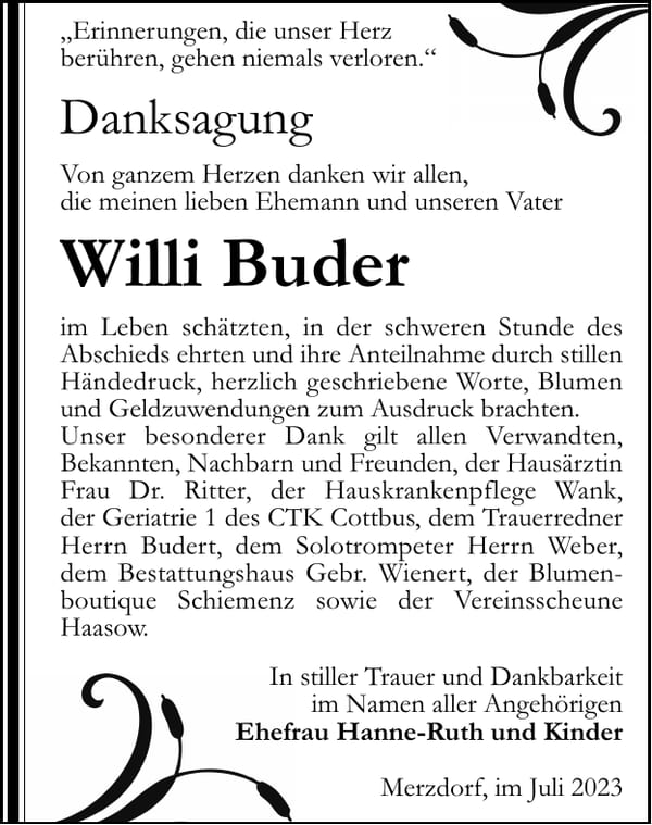 Danksagung Willi Buder