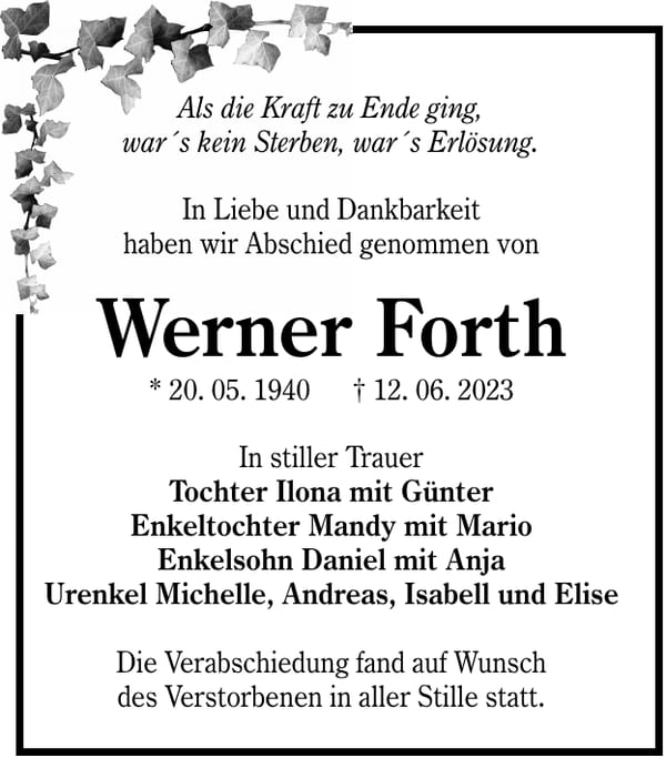 Traueranzeige Werner Forth