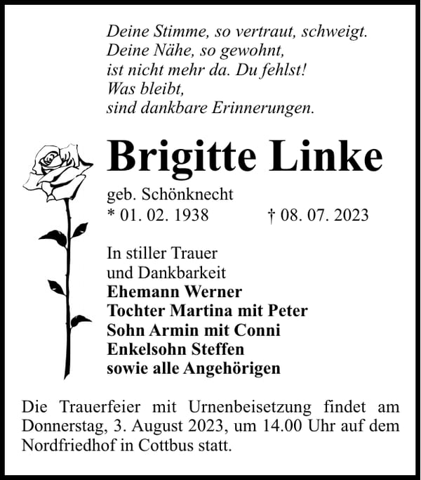Traueranzeige Brigitte Linke, geb. Schönknecht