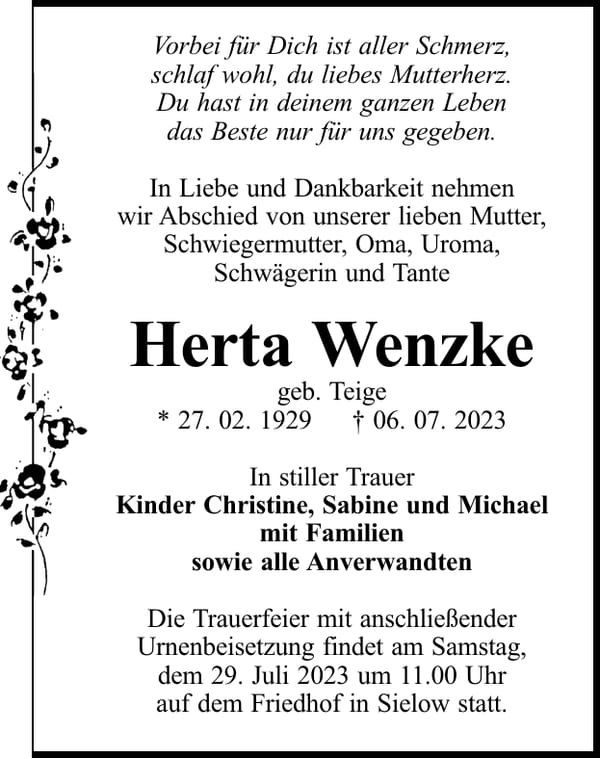 Traueranzeige Herta Wenzke, geb. Teige