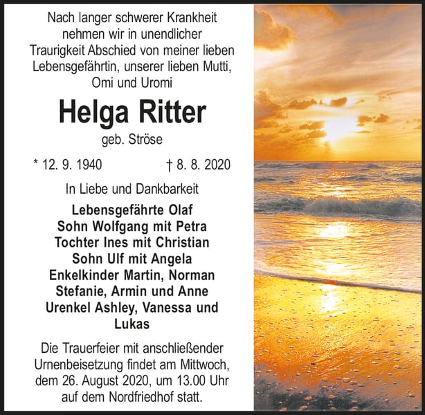 Traueranzeige Helga Ritter, geb. Ströse