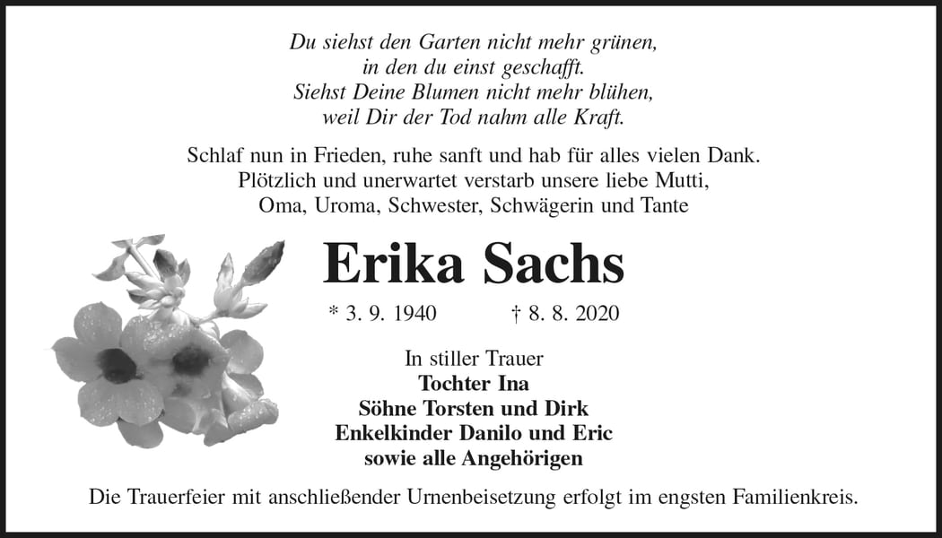 Traueranzeige Erika Sachs