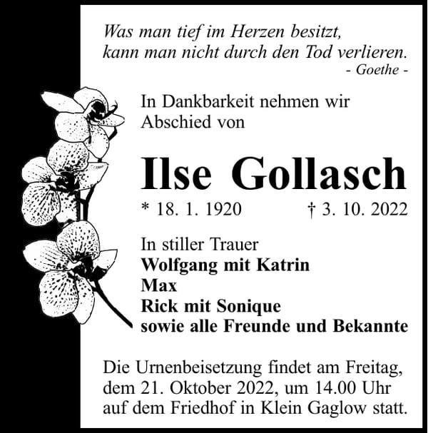Traueranzeige Ilse Gollasch
