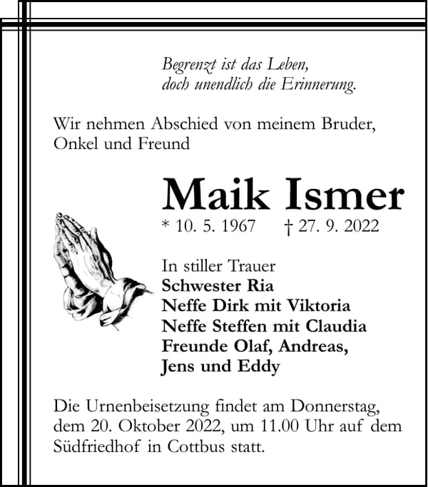 Traueranzeige Maik Ismer