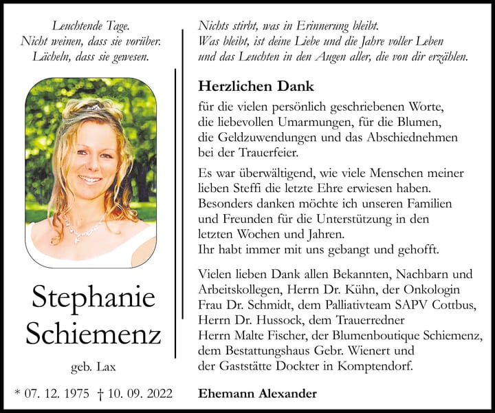 Danksagung Stephanie Schiemenz, geb. Lax