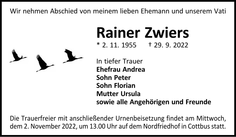Traueranzeige Rainer Zwiers