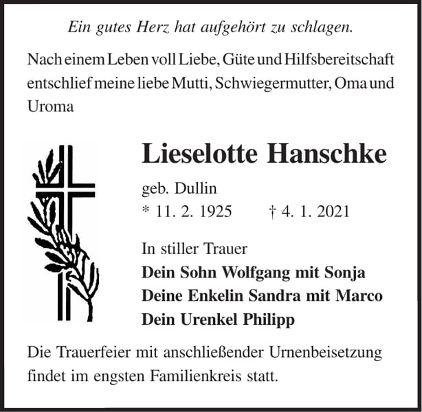 Traueranzeige Lieselotte Hanschke, geb. Dullin