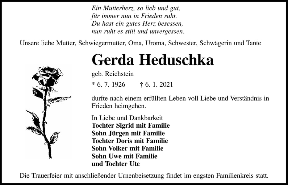 Traueranzeige Gerda Heduschka, geb. Reichstein