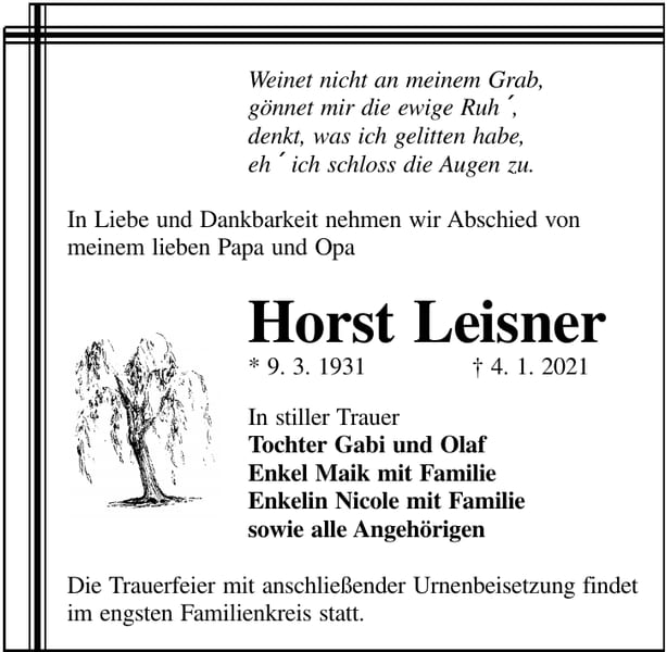 Traueranzeige Horst Leisner