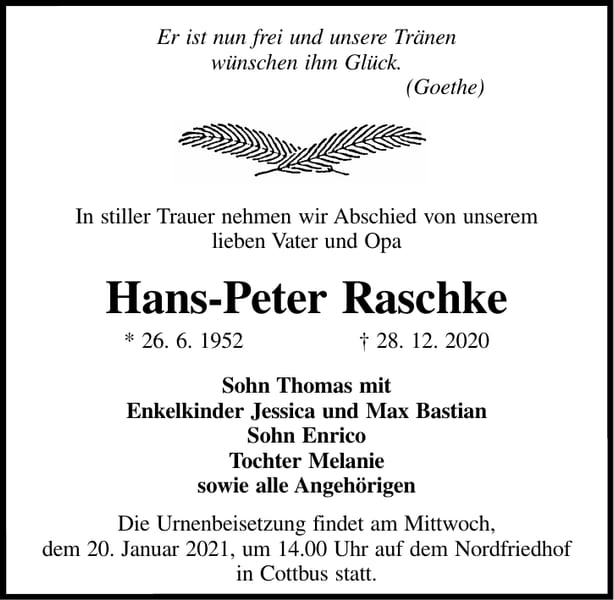 Traueranzeige Hans-Peter Raschke