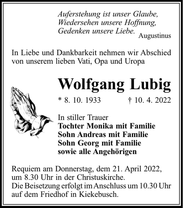 Traueranzeige Wolfgang Lubig
