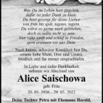 Traueranzeige Alice Saischowa, geb. Fritz