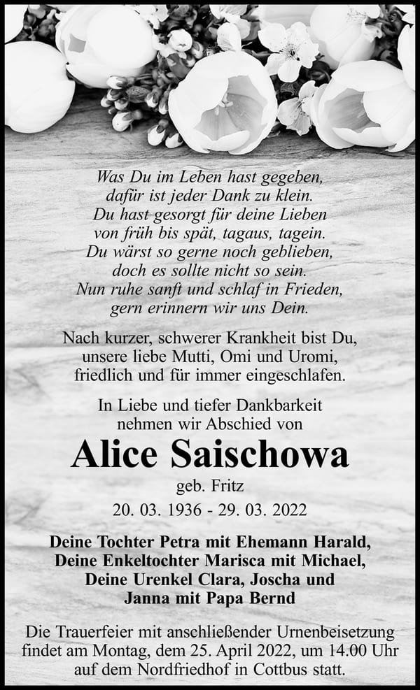 Traueranzeige Alice Saischowa, geb. Fritz
