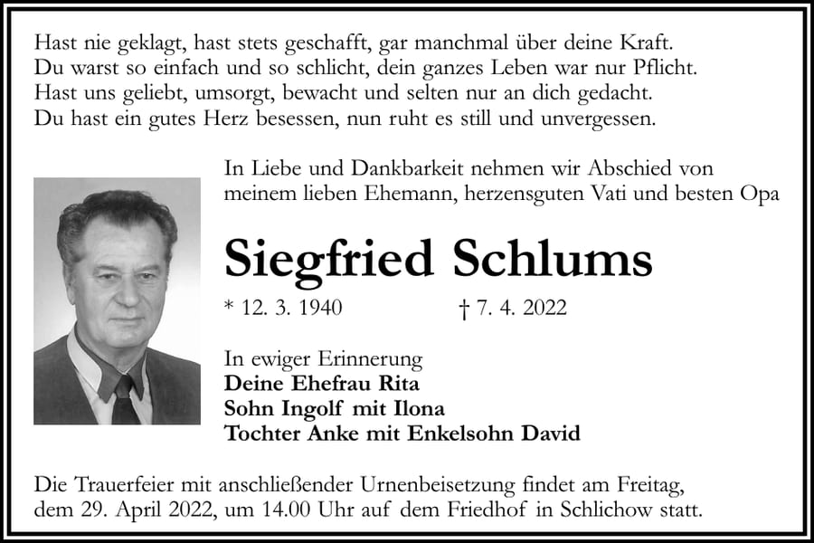 Traueranzeige Siegfried Schlums