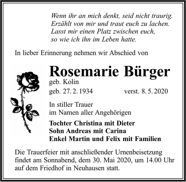 Traueranzeige Rosemarie Bürger, geb. Kolin