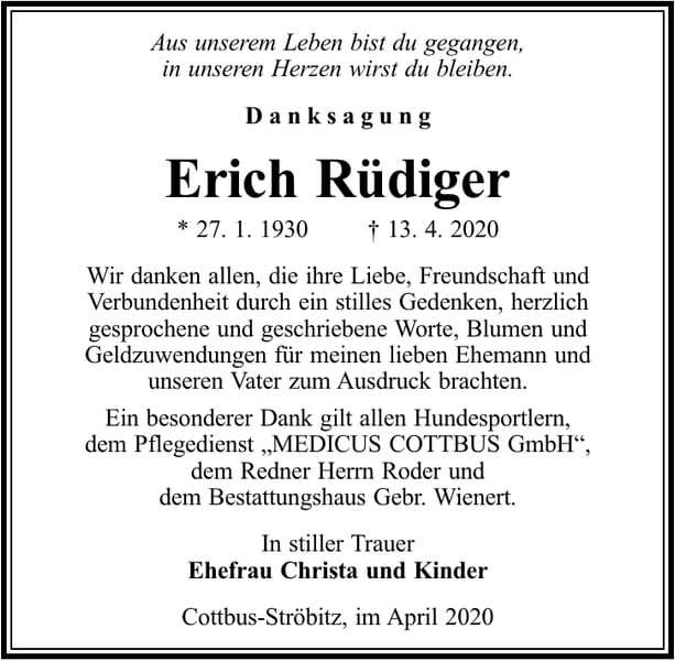 Danksagung Erich Rüdiger
