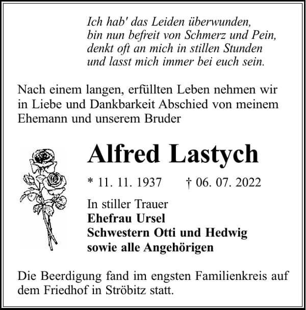 Traueranzeige Alfred Lastych